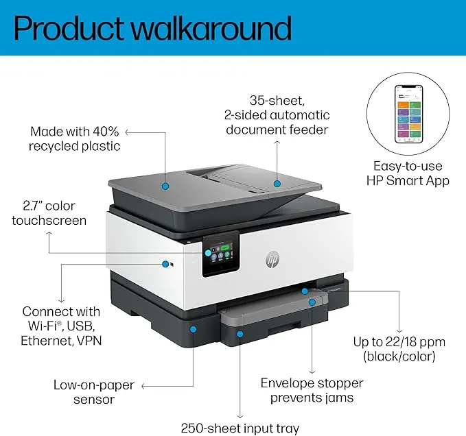 HP OfficeJet Pro 9123 All-in-One Wireless Printer Print | Scan | Copy | ADF | Auto Duplex | Touchscreen | Business Inkjet Printer