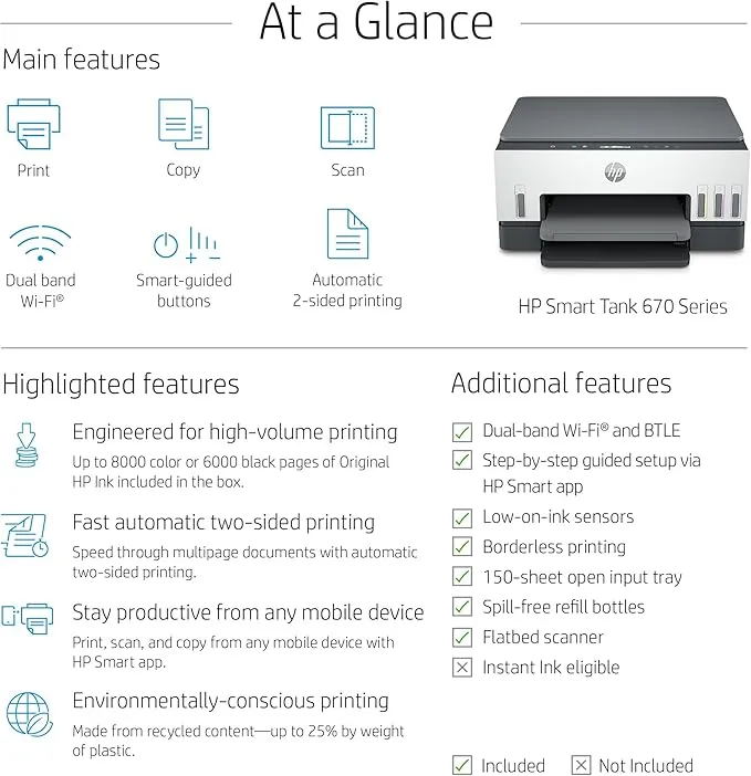 HP Smart Tank 670 All-in-One Wireless Printer (UAE Version)  Print | Scan | Copy | Auto Duplex | 12ppm Black | 7ppm Color 3