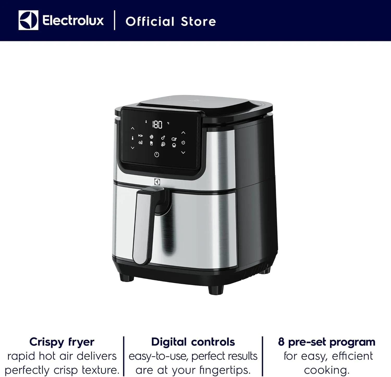 Electrolux 3.5L XL Digital Air Fryer 1500W with Rapid Hot Air Technology, 8 Preset Programs for Frying, Grilling, Broiling, Roasting, Baking, Toasting, Cooking, Auto-Off, Touch Control, E5AF1-710S