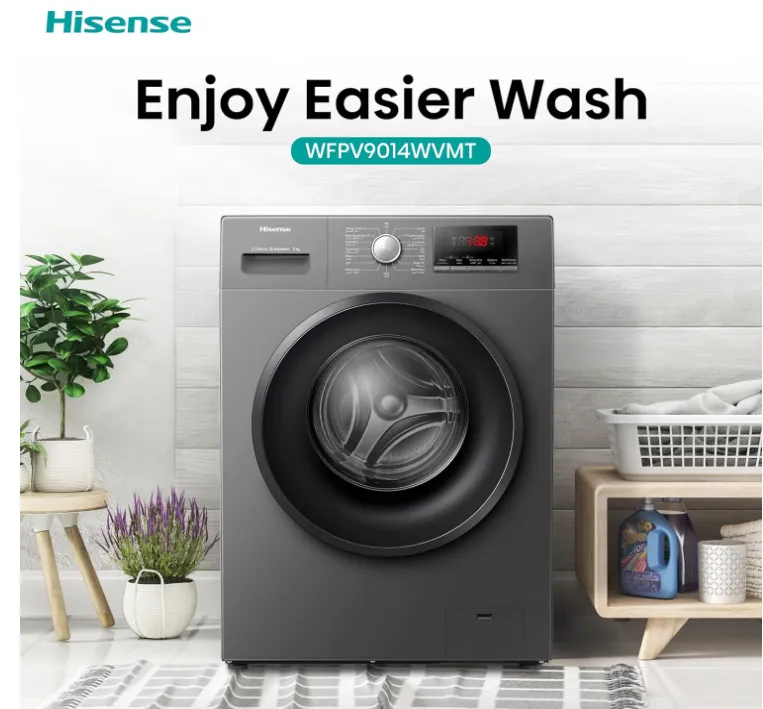 Hisense WFQP9014EVMT 9KG Front Load Washing Machine with Inverter Motor, Steam Care, 1400 RPM & Quick Wash – Titanium Silver