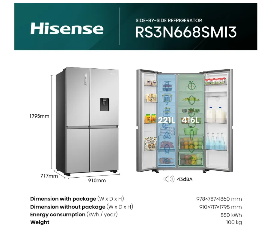 Hisense RS3N668SMI3 869L Side-by-Side Refrigerator with Non-Plumbed Water Dispenser, Dual Temp Control Zone, Durable Inverter & Multi Air Flow – Silver 2