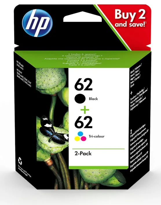 HP N9J71AE 62 Original Ink Cartridges, Black and Tri-color, Multipack, 2 Count (Pack of 1)