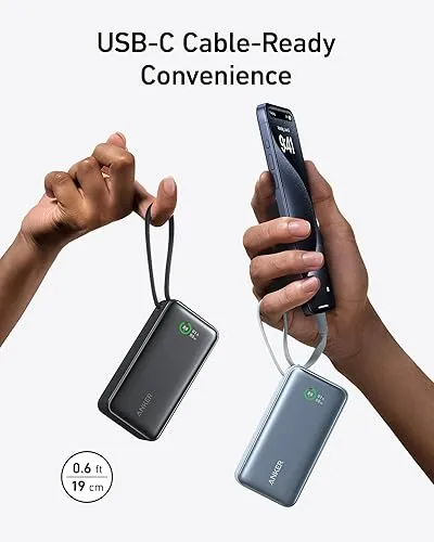 Anker Nano Power Bank, 10,000mAh Portable Charger with Built-In USB-C Cable, 30W Max Output, for iPhone 17/16 Series, MacBook, AirPods, and More