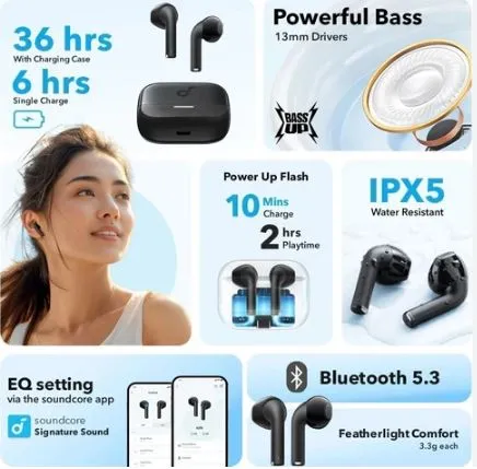 Soundcore K20i by Anker, Semi-in-Ear Earbuds, Bluetooth Wireless, 36H Playtime, Fast Charge, Clear Sound, Comfortable Fit, ENC 2-Mic Clear Calls, Custom EQ, IPX5, Bluetooth 5.3, App Control (Black) 3