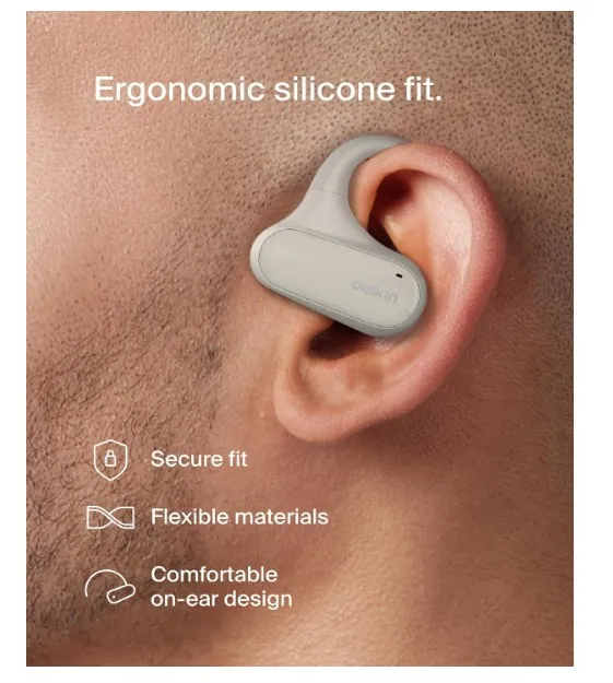 Belkin SoundForm ClearFit Open-Ear Wireless Earbuds, Lightweight Sport Earphones, Bluetooth Earbuds w/Long-Lasting Comfort, IPX5 Waterproof Earbuds for iPhone, Hiking, Biking, Running, & More - Sand 3