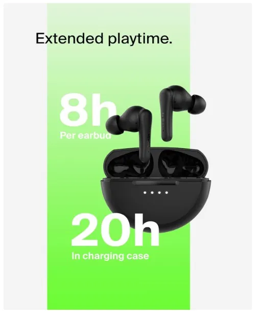 Belkin SoundForm Rhythm True Wireless Earbuds with Built-in Microphone, USB-C Fast Charging, 28H Battery Life, IPX5 Water Resistance - Bluetooth Earbuds for iPhone, iPad, Galaxy, Pixel & More - Black