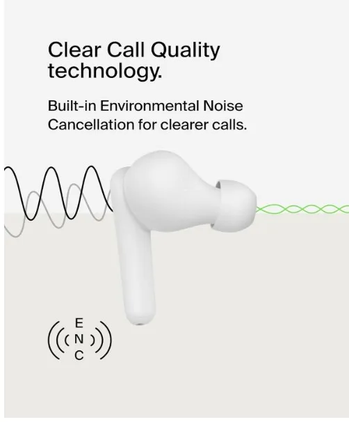 Belkin SoundForm Rhythm True Wireless Earbuds with Built-in Microphone, USB-C Fast Charging, 28H Battery Life, IPX5 Water Resistance - Bluetooth Earbuds for iPhone, iPad, Galaxy, Pixel & More - White 4
