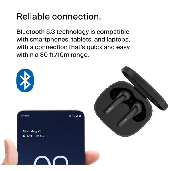 Belkin SoundForm™ Motion True Wireless Earbuds, Noise Cancelling Ear Buds with Wireless Charging Case & Dual Microphone - IPX5 Water Resistant Bluetooth Headphones for iPhone & Samsung - Black