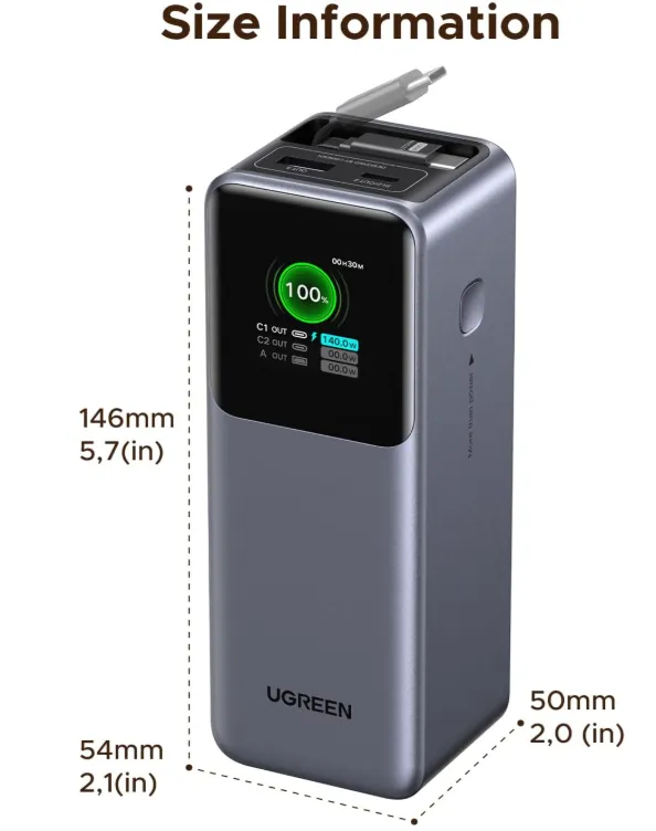 UGREEN PB726-55987B 165W Power Bank with Retractable Cable