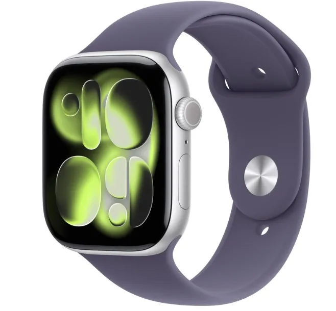 Apple Watch Series 11 GPS 46mm Smartwatch with Silver Aluminium Case with Purple Fog Sport Band M/L. Sleep Score, Fitness Tracker, Health Monitoring, Always-On Display, Water Resistant