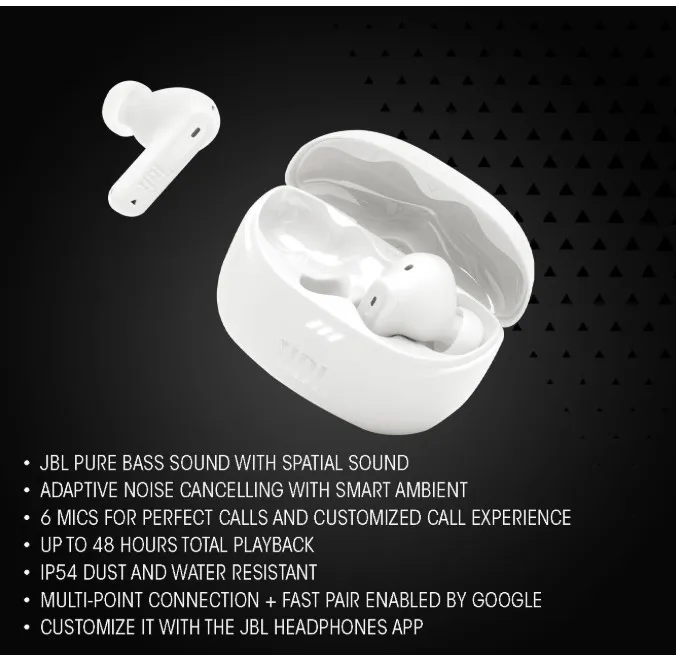 JBL Tune Beam 2 True Wireless Adaptive Noise Cancelling with Smart Ambient Earbuds, Personi-Fi 3.0, Multi-point connection, 6-Mics Technology, 48H Battery, Water and Dust Resistant - JBLTBEAM2GWHT