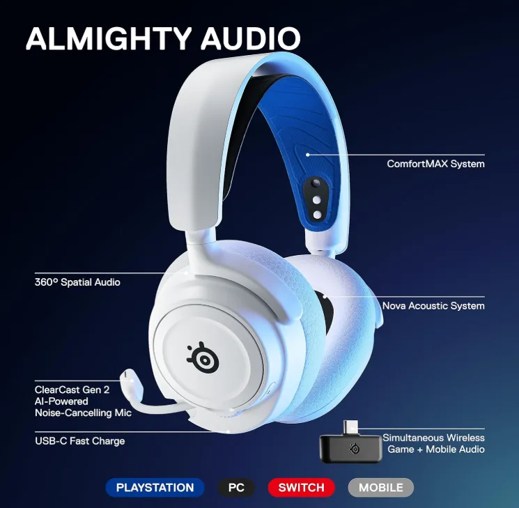 SteelSeries Arctis Nova 7P Wireless PS5 Gaming Headset - Neodymium Magnetic Drivers - Dual Wireless PlayStation & Bluetooth - 38H USB-C Battery - Gen2 AI Mic - Supports PS4, PC, Switch, Mobile - White 4