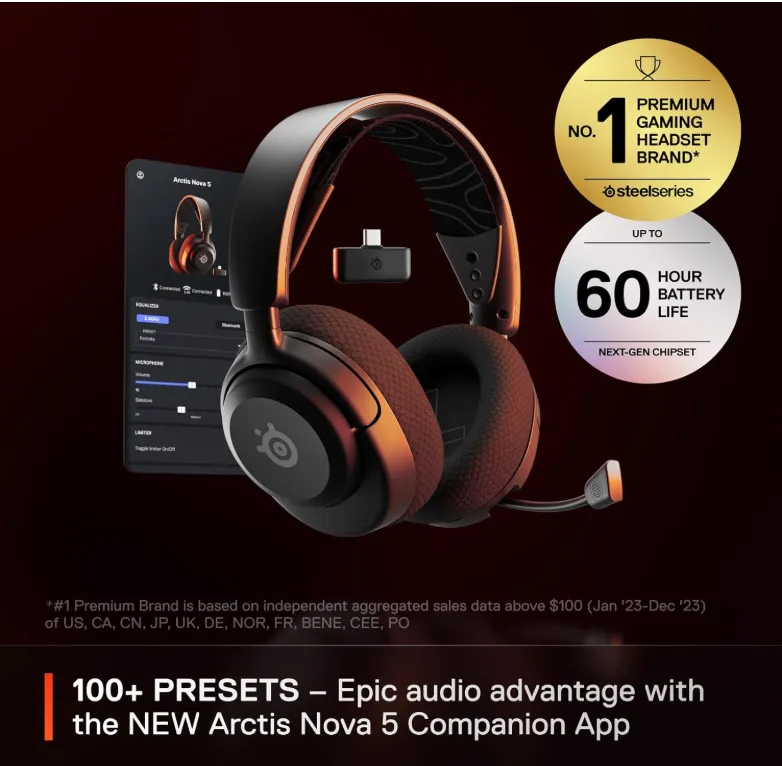 SteelSeries Arctis Nova 5 Wireless Headphones, 40mm Neodymium Drivers, ClearCast Gen 2.x, Retractable Boom, 360° Spatial Audio, Quick-Switch Wireless, Black | 61670 2