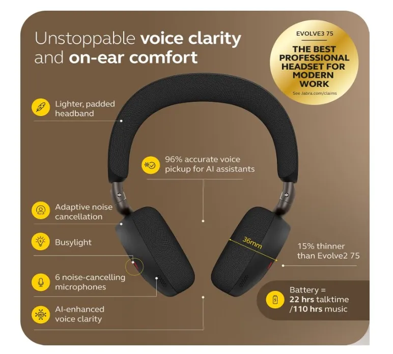 Jabra Evolve3 75 Wireless Bluetooth Headset, Link 390c, with AI Noise Cancellation, ClearVoice Microphone, Lightweight On-Ear Office Headset for Microsoft Teams - Black (37599-999-899) 3