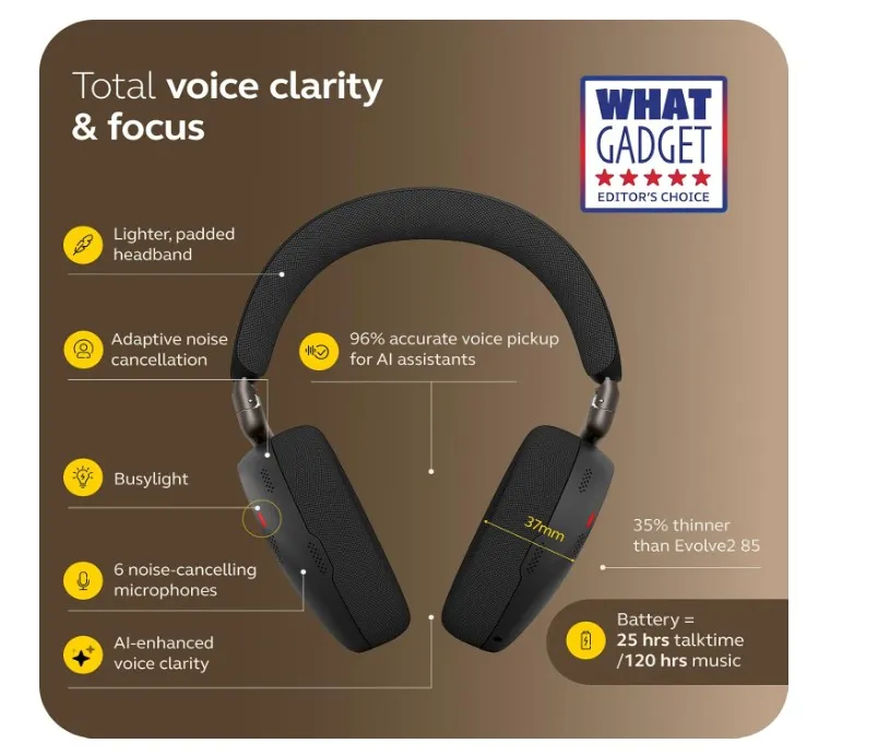 Jabra Evolve3 85 Wireless Bluetooth Headset, Link 390c, with AI Noise Cancellation, ClearVoice Microphone Technology, Advanced ANC, Premium Over-Ear Office Headphones for Microsoft Teams- Black ( 38599-999-899 ) 3