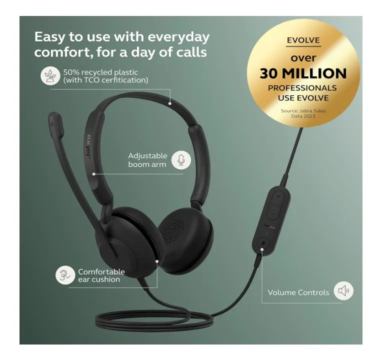 Jabra Evolve 10 Wired Headset with Noise-Cancelling Microphone for PC/Laptop Use – Easy USB-A Setup - TCO Certified – Lightweight Design - Inline Call/Volume Controls for Online Meetings - Black 2