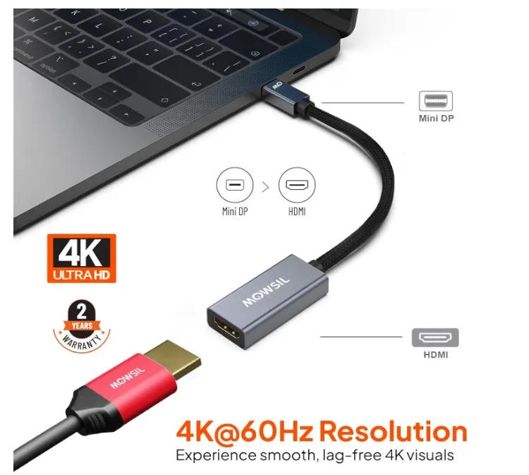 Mowsil Mini DisplayPort to HDMI Adapter, 4K@60Hz Mini DP to HDMI Converter with Gold-Plated Connector, Plug and Play, Compatible with MacBook, iMac, Ultrabook, Laptop, PC, Monitor, HDTV, Projector