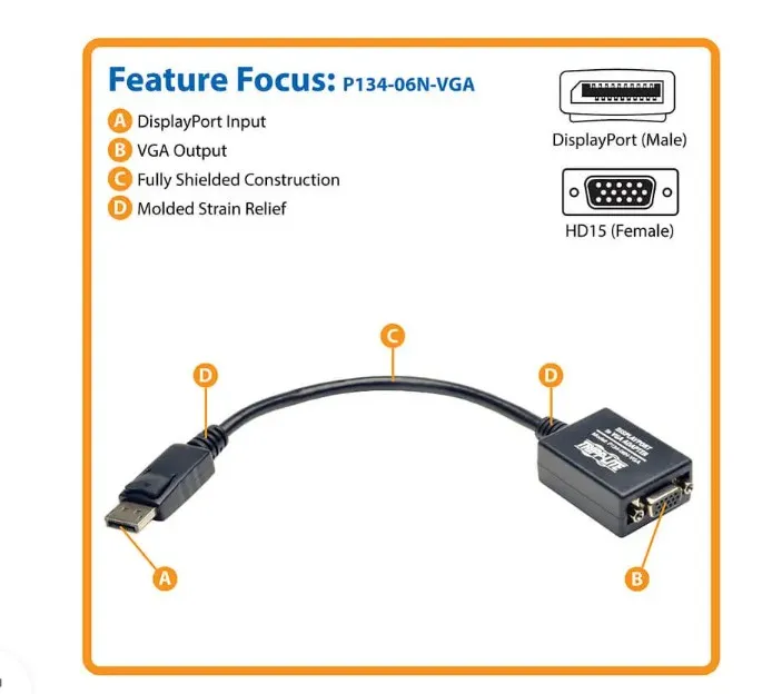 TRIPP LITE P134-06N-VGA DisplayPort to VGA Active Cable Adapter 3
