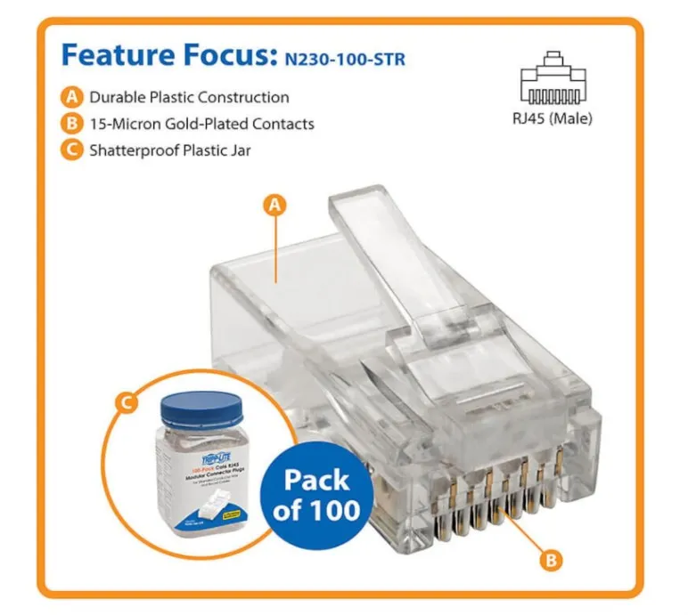 TRIPP LITE 100 Pack Cat6 RJ45 Modular Connector Plug Solid/Stranded RND (N230-100) 3