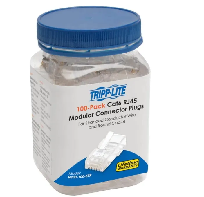 TRIPP LITE 100 Pack Cat6 RJ45 Modular Connector Plug Solid/Stranded RND (N230-100)