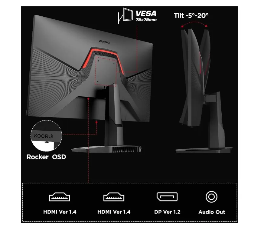 KOORUI 24.5 FHD 170Hz VA Gaming Monitor, 1ms Response Time, Rate, FreeSync & G-Sync Compatible, sRGB 99%, VESA Mountable, Tilt Adjustable, Eye Care, 2* HDMI / 1* DisplayPort, Black | 25E3A 4