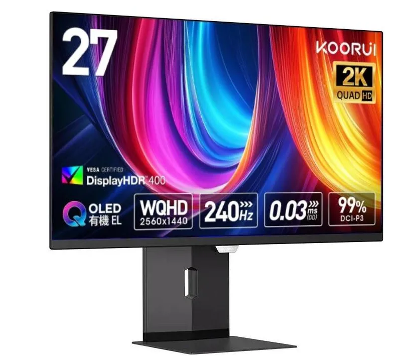 KOORUI S2721X0 Monitor, 27" QD-OLED Display, QHD Resolution, 240Hz Refresh Rate, 0.03ms (GtG) Response Time, AMD FreeSync Premium Technology, Black | S2721XO