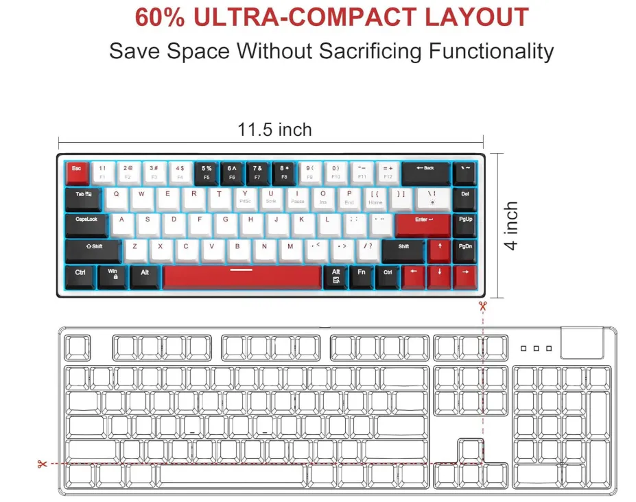 MageGee SKY68 Wired Mechanical Gaming Keyboard, 65% Layout, Blue Switch, Hot-Swappable, 68 Keys, USB, Ice Blue Backlit, Detachable Type-C, English Layout, Black White | SKY68 4