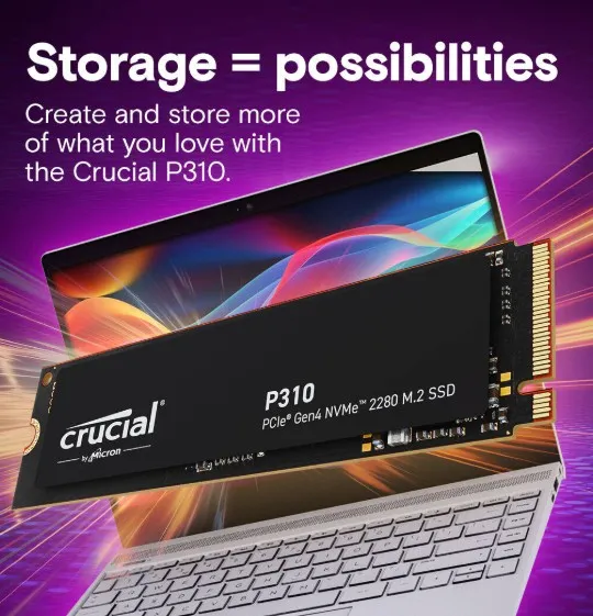 Crucial P310 1TB PCIe Gen4 NVMe 2280 M.2 SSD, PCIe Gen 4 x4 speeds 7100MB/s Read, 6000MB/s Write, M.2 2280 Form Factor, 1TB Capacity | CT1000P310SSD8 5