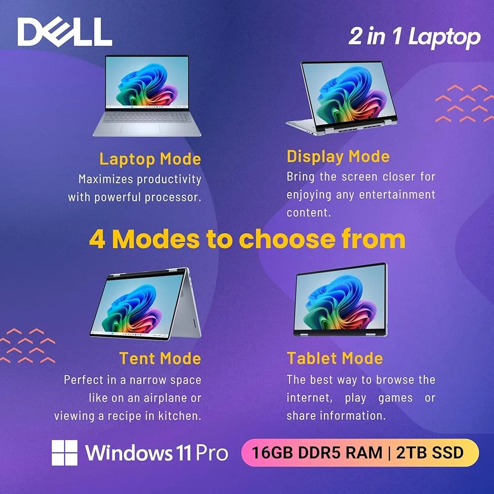Dell 16 Plus 2-in-1 Laptop, 16" 1920 x 1200 Touch, Core Ultra 7 256V AI Ready, Copilot, Backlit Keyboard, 1080p Webcam, Wi-Fi 7, Windows 11 Pro, Ice Blue With Office 365 (16 GB RAM + 2TB SSD) 5