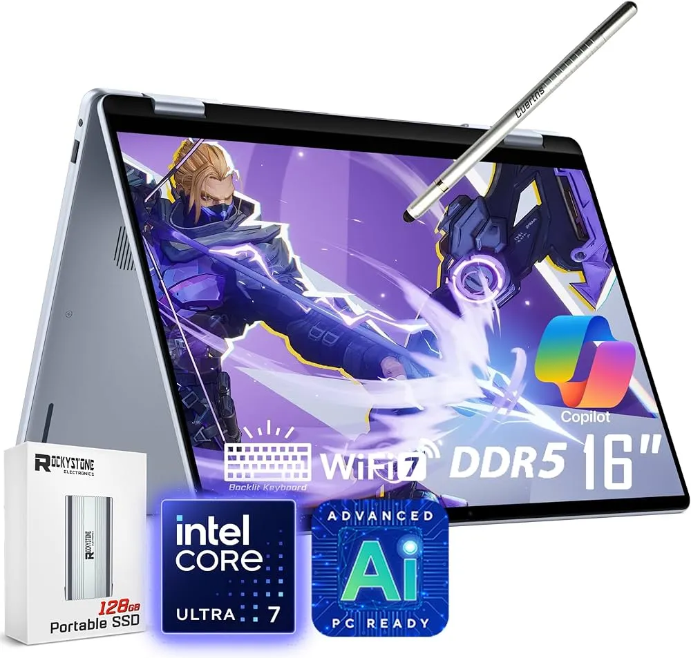 Dell 16 Plus AI Business 2-in-1 Laptop 16.0" Touch FHD+ Display (Intel Ultra 7-256V(>i9-13900H), Backlit KB, FP, WiFi 7, Win11P) w/DKZ USB Port Expander (Previous Inspiron) (16GB RAM + 2TB SSD)