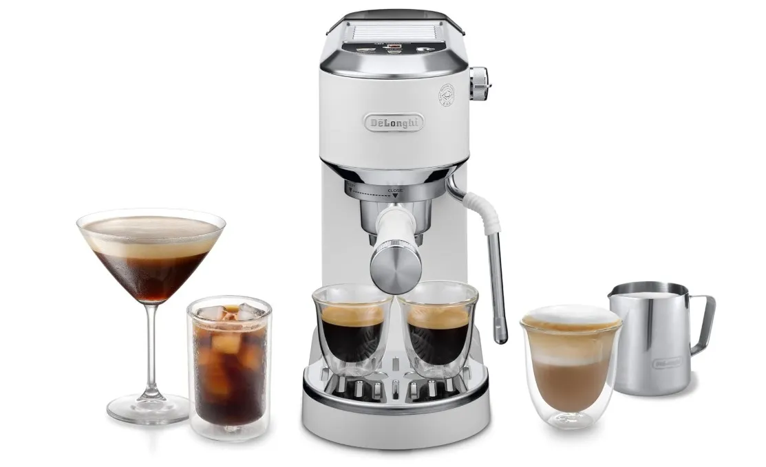 De'Longhi Dedica Duo EC890.WI Traditional Barista Pump Machine Espresso And Cold Brew Manual Coffee Machine with My LatteArt Steam Wand 15 cm Wide 2 Espresso Touch Display Mug up to 13cm White