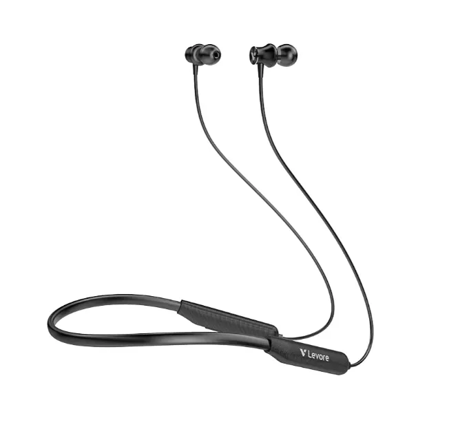 LEVORE LEB46-BK Wireless Bluetooth Neckband Earphones with Deep Bass, Built-in Microphone, Dual-Device Connectivity and IPX4 Sweat Resistance – Black