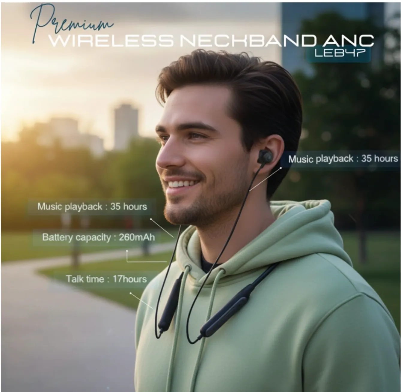 LEVORE Premium Neckband Bluetooth Headset with Active Noise Cancellation (ANC), Deep Bass, Fast Charging, 40H Playtime, Lightweight Wireless Earphones – LEB47-BK