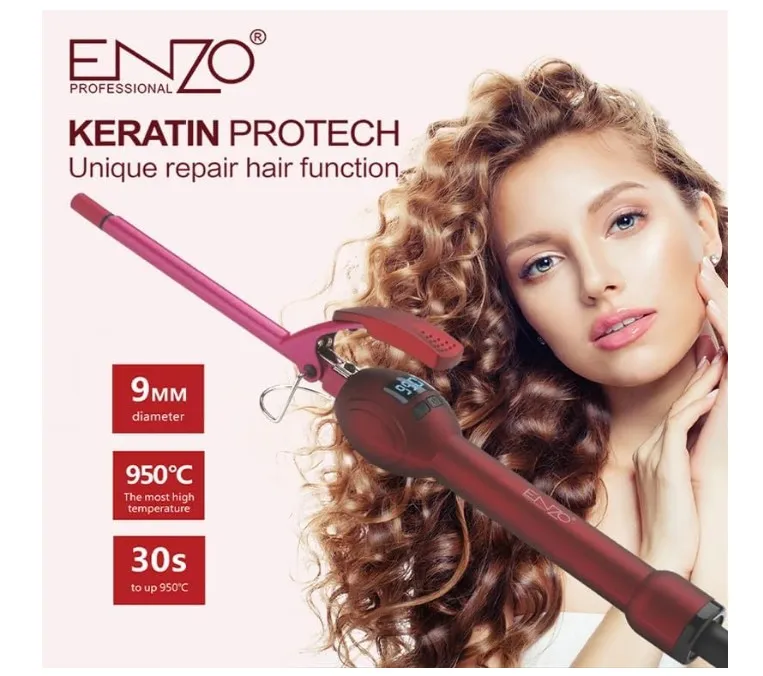 ENZO Professional EN‑2228 Professional Hair Curler – 9 mm Ceramic Barrel with Adjustable Temperature, LED Display, 360° Swivel Cord & Automatic Shut‑Off – Intl Version - Red