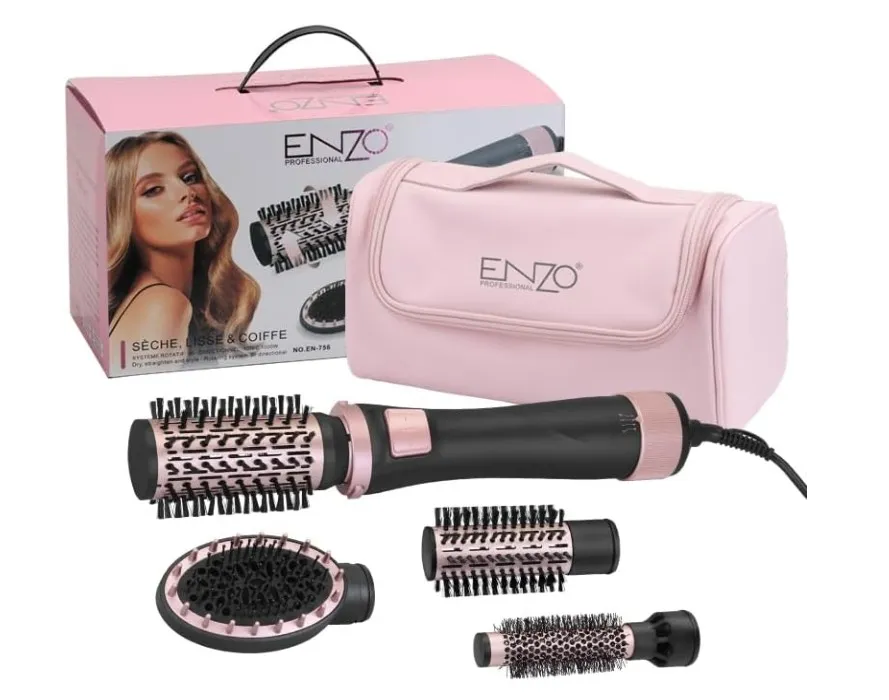 ENZO PROFESSIONAL EN-756 New 2025 Auto Multi Styling Set – 5-in-1 Hair Styler with Auto Rotating Technology, 3 Volumizing Brushes, Oval Massage Comb, Lightweight Motor With Soft Leather Travel Bag