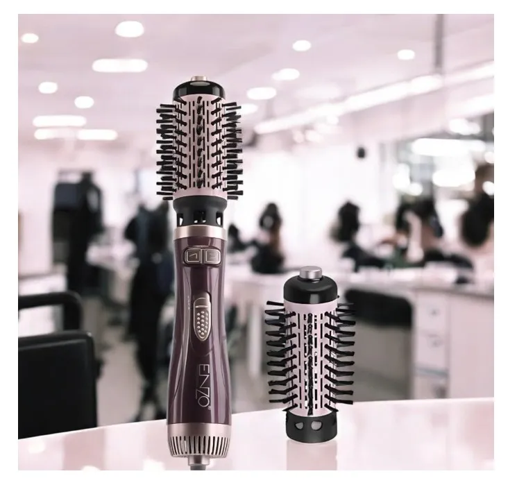 ENZO Professional EN-747 Rotating Hot Air Brush – 2-in-1 Styling Tool with Dual Brush Attachments | Hair Dryer, Curler & Volumizer – Intl Version