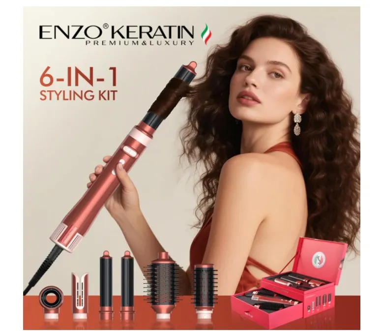 ENZO Keratin B2 6-in-1 BLDC Hair Styling Kit – 130,000 RPM Motor | Professional Hot Air Brush, Curling Rods & Volumizing Nozzles