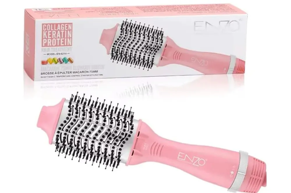 ENZO Professional EN-6210 75mm Volumizing Blowout Brush – 3-in-1 Hair Dryer, Straightener, TurboDry Technology, Ionic Anti-Frizz Bristles, 3 Heat Settings & 2 Speeds – Pink – Intl Version