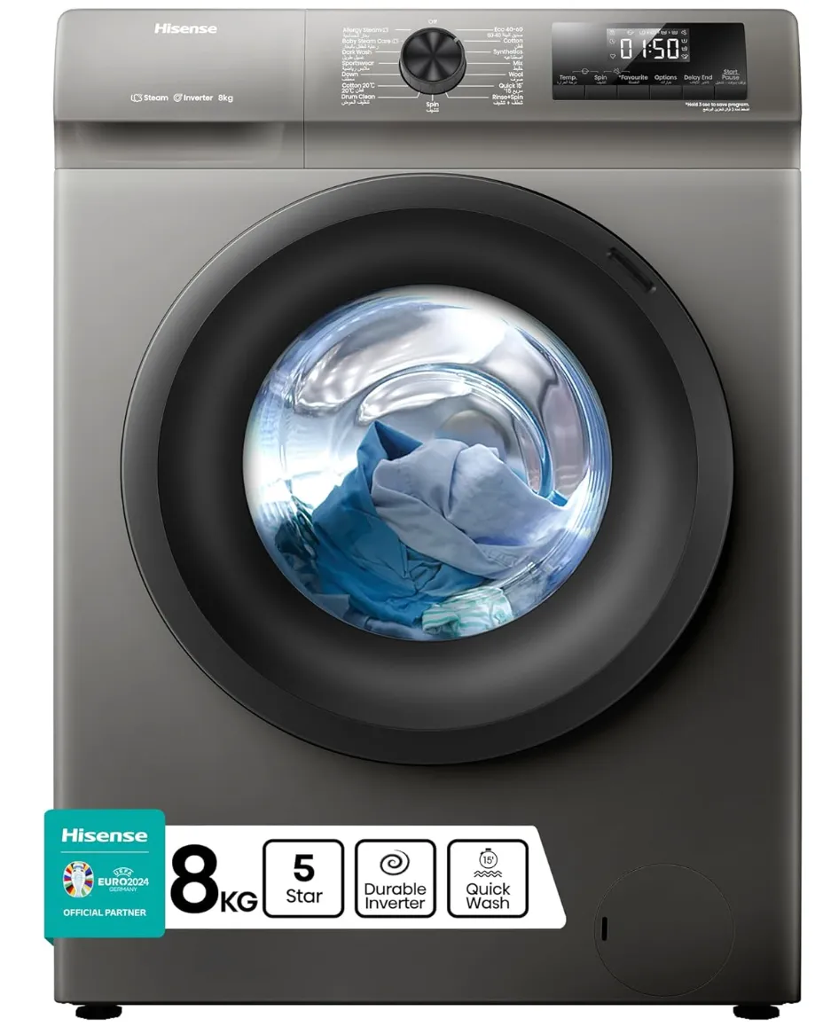Hisense WFQP8012T 8 Kg Front Load Slim Drum Washing Machine, Inverter Motor 1200 RPM, Quick Wash, Pause & add Function, Allergy Steam Care, Titanium Grey 4