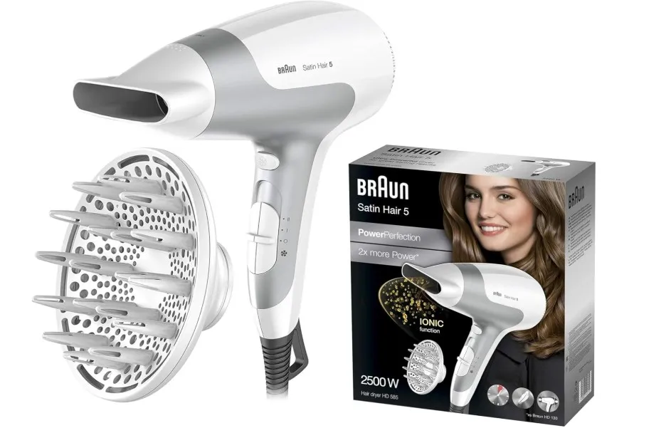 Braun Satin Hair 5 PowerPerfection dryer HD585 – Ionic | Ultra Powerful | Lightweight | Cold Shot | With Diffuser | 2500 Watts - White 2