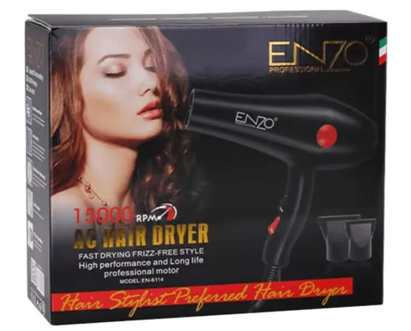 ENZO EN-6114 Professional Hair Dryer – 2200W High-Power with Ionic Technology, 3 Heat Settings, 2 Speed Settings, and Concentrator Nozzle-Intl Version 3