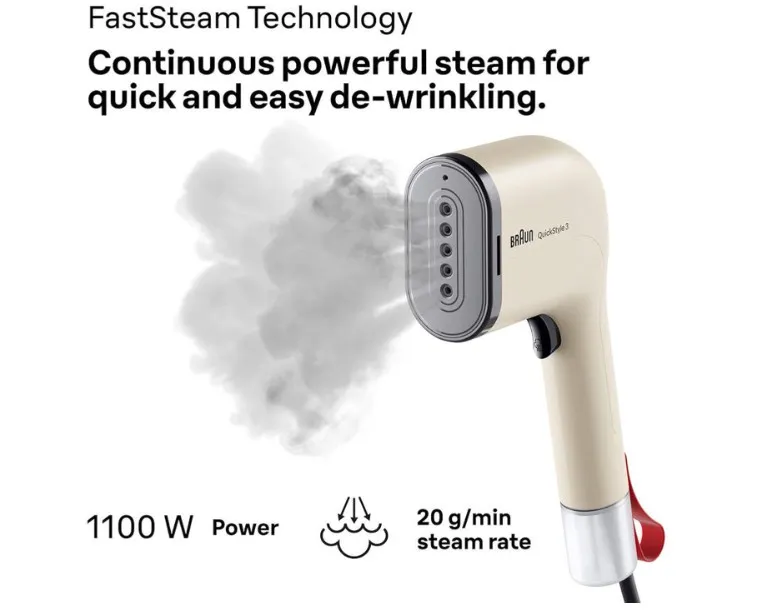 Braun QuickStyle 3 Garment Steamer, Quick Heat-Up, Smart iCare Technology, Handheld Garment Steamer, Vertical Ironing, Capacity 70ml, 1100 Watts - GS 3012 BG - Beige 2
