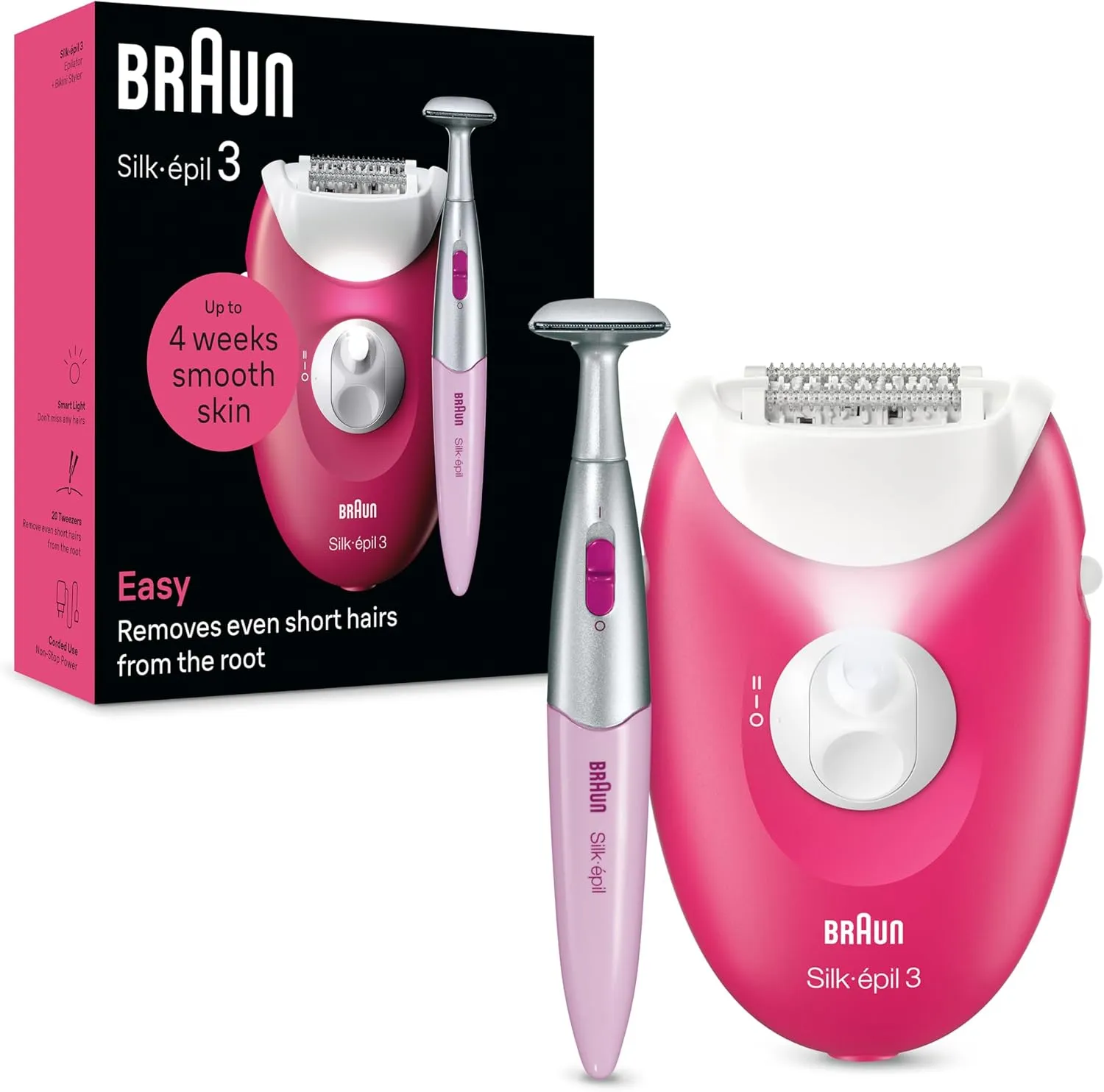 Braun Silk-épil 3, wired epilator for easy hair removal, with massage roller attachment, made in Germany, 3-202, raspberry 2