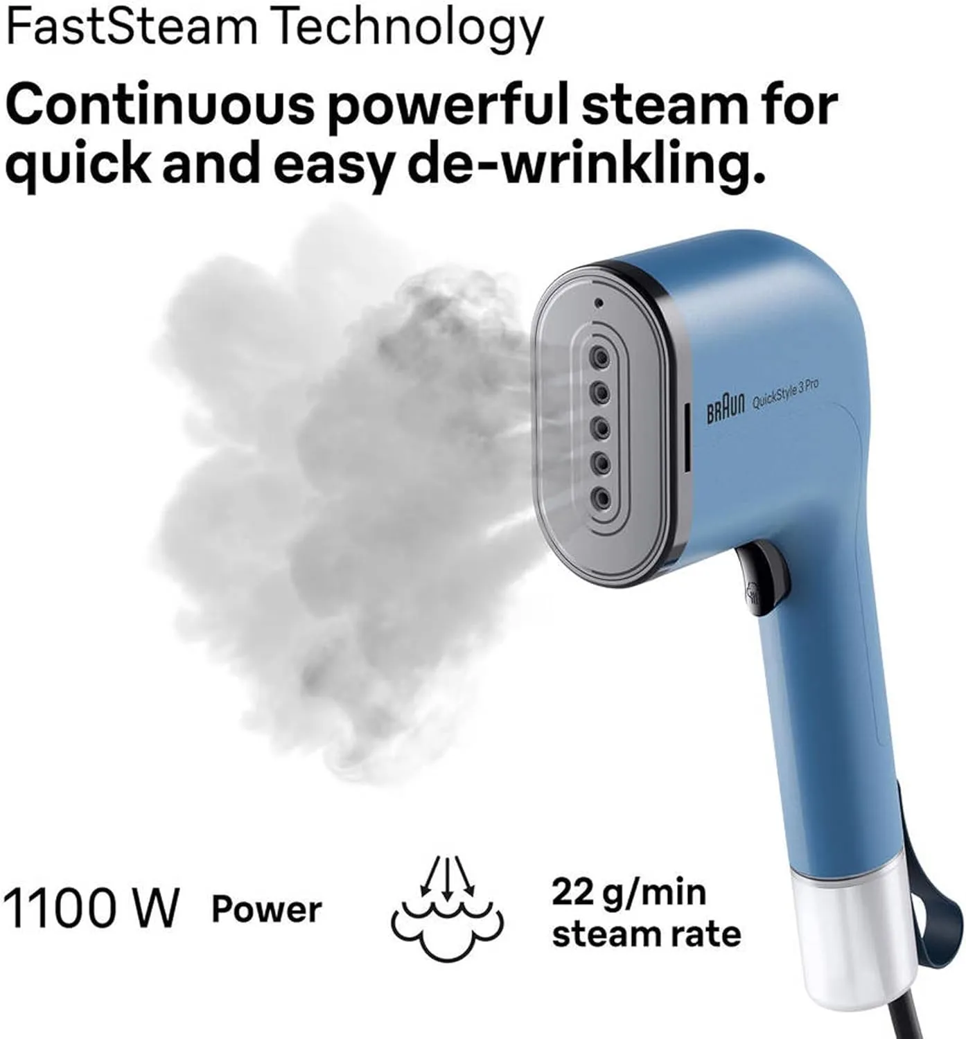 Braun QuickStyle 3 Pro Garment Steamer, Quick Heat-Up, Smart iCare Technology, Handheld Garment Steamer, Vertical Ironing, Capacity 70ml + 120ml, 1100 Watts