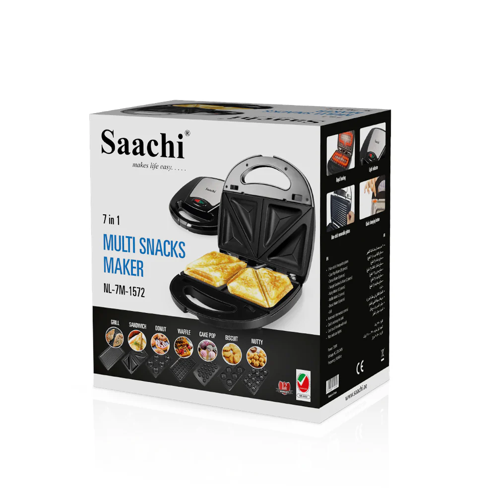 Saachi NL-7M-1572-BK 7-in-1 Multi Snack Maker, 750W, 7 Removable Non-Stick Plates for Cake Pops, Donuts, Nutties, Biscuits, Sandwiches, Waffles & Grilling, Automatic Thermostat, Indicator Light & Cool-Touch Locking Handle – Black 4