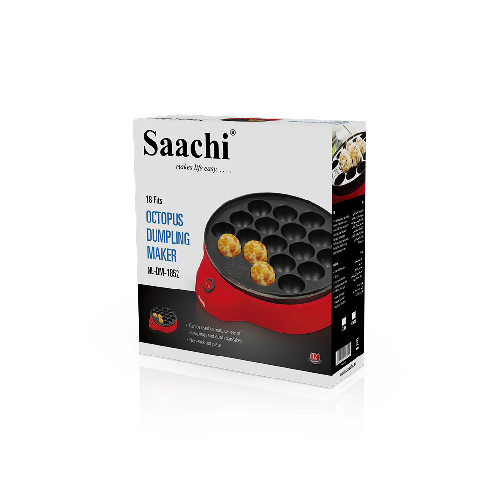 Saachi NL-DM-1852-RD 18-Piece Dumpling & Dutch Pancake Maker, 700W, Non-Stick Cooking Plate, Automatic Thermostat Control, Cool-Touch Housing, On/Off Switch & Non-Slip Feet – Red 3