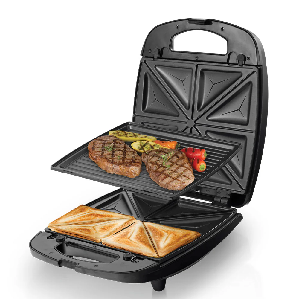 Saachi NL-2M-1544-BK 2-in-1 Sandwich Maker & Grill, 920W, 4-Sandwich Capacity, 2 Interchangeable Non-Stick Plate Sets, Automatic Temperature Control, Cool-Touch Body & Vertical Storage – Black/Silver 2