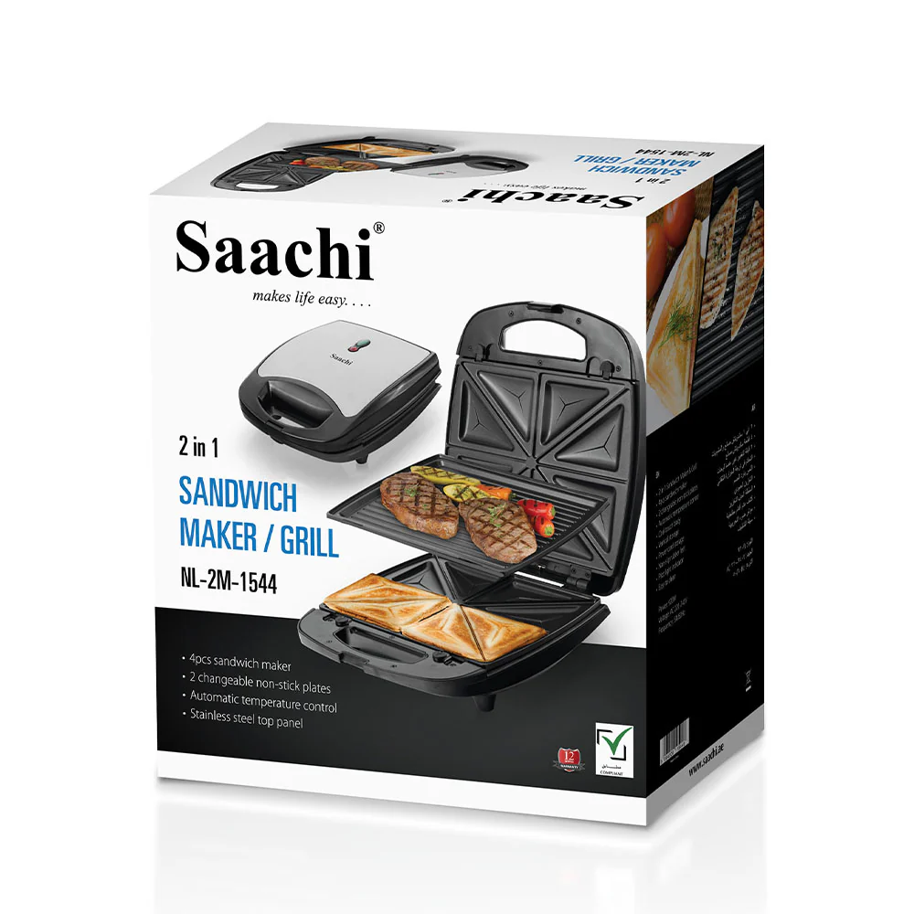 Saachi NL-2M-1544-BK 2-in-1 Sandwich Maker & Grill, 920W, 4-Sandwich Capacity, 2 Interchangeable Non-Stick Plate Sets, Automatic Temperature Control, Cool-Touch Body & Vertical Storage – Black/Silver 3