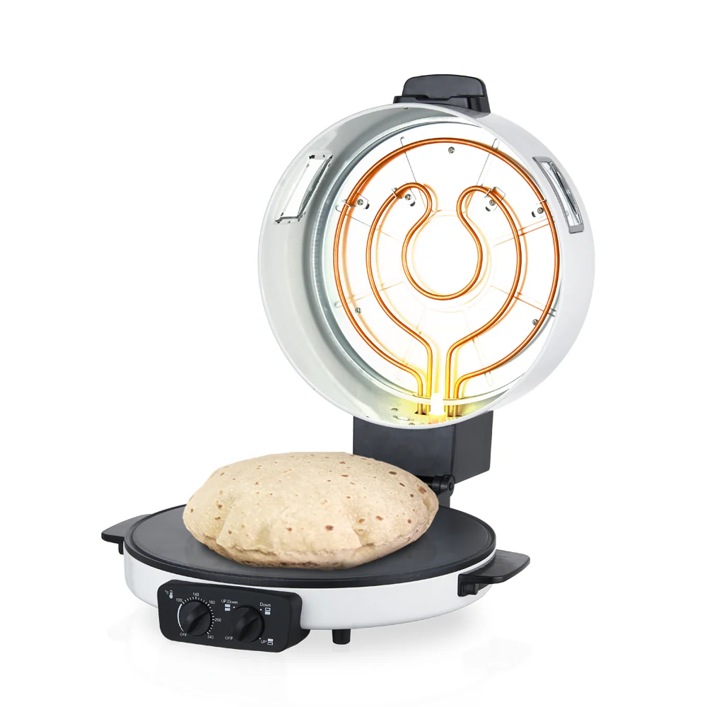Saachi NL-RM-4980GT-WH 40cm Roti, Tortilla & Pizza Bread Maker, 2200W, Adjustable Temperature up to 240°C, Top/Bottom Heating Selection, Non-Stick Cooking Plate, Viewing Window, Cool-Touch Handles & Fuse Protection – White