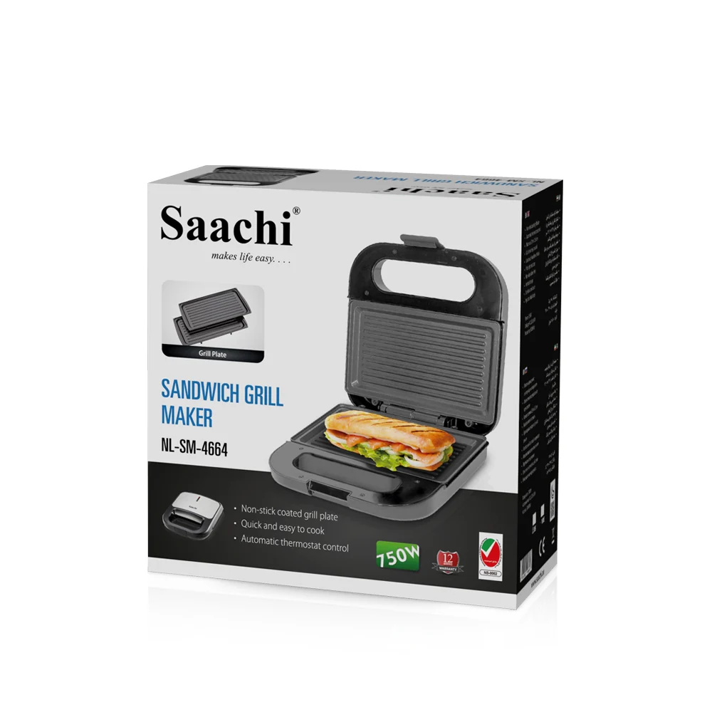 Saachi NL-SM-4664-BK Sandwich Maker & Grill, 750W, Non-Stick Grill Plates, Automatic Thermostat, Cool-Touch Locking Handle, Pilot Indicator Light & Compact Storage – Black 3